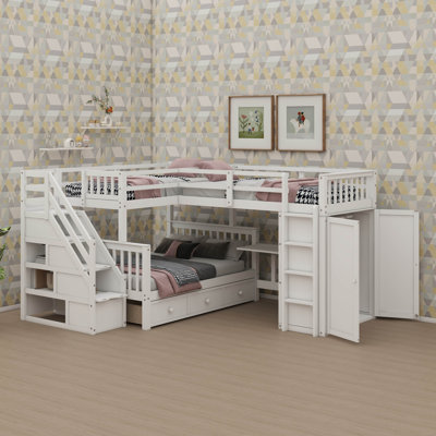 L-Shaped Bunk Bed Setup With Twin Beds Upstairs And Full Bed Downstairs, Includes 3 Drawers, A Movable Desk, And An Integrated Closet