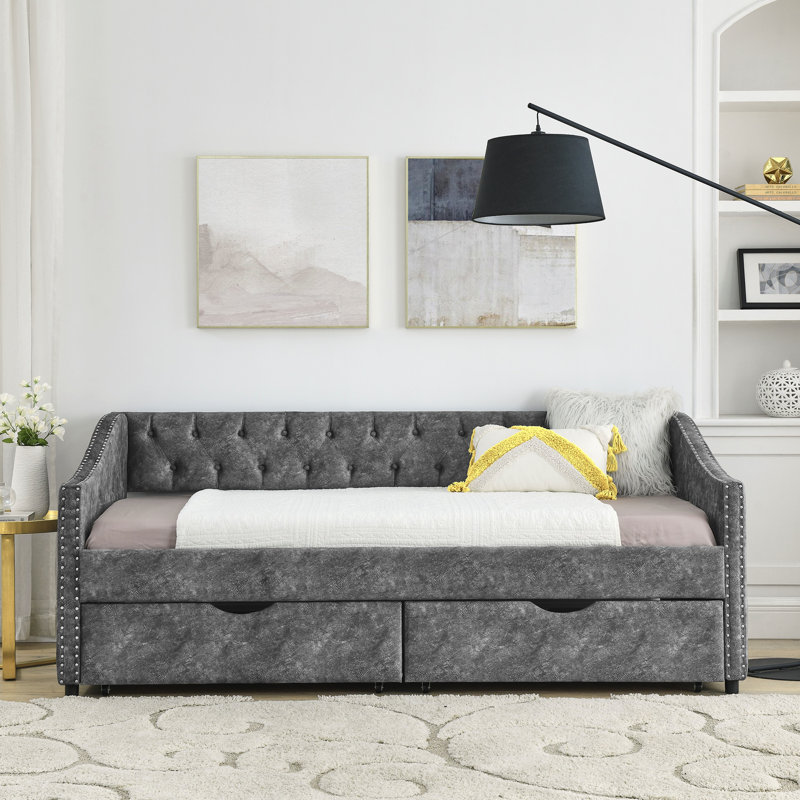 Twin Size Upholstered Daybed with Storage Drawers, Grey Fabric Sofa Bed, Button-Tufted Back & Copper Nail Waved Arms, Gray