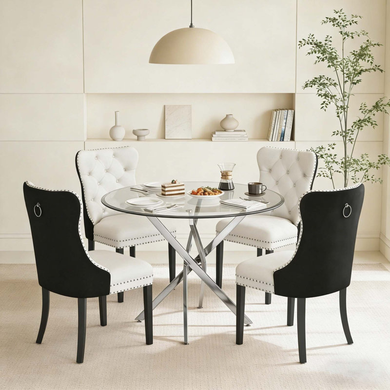 5-Piece Round Glass Table Set With Velvet Chairs – Metal Base, Seats 4, 5 Pieces: Table, 4 Chairs, White/Black, Silver