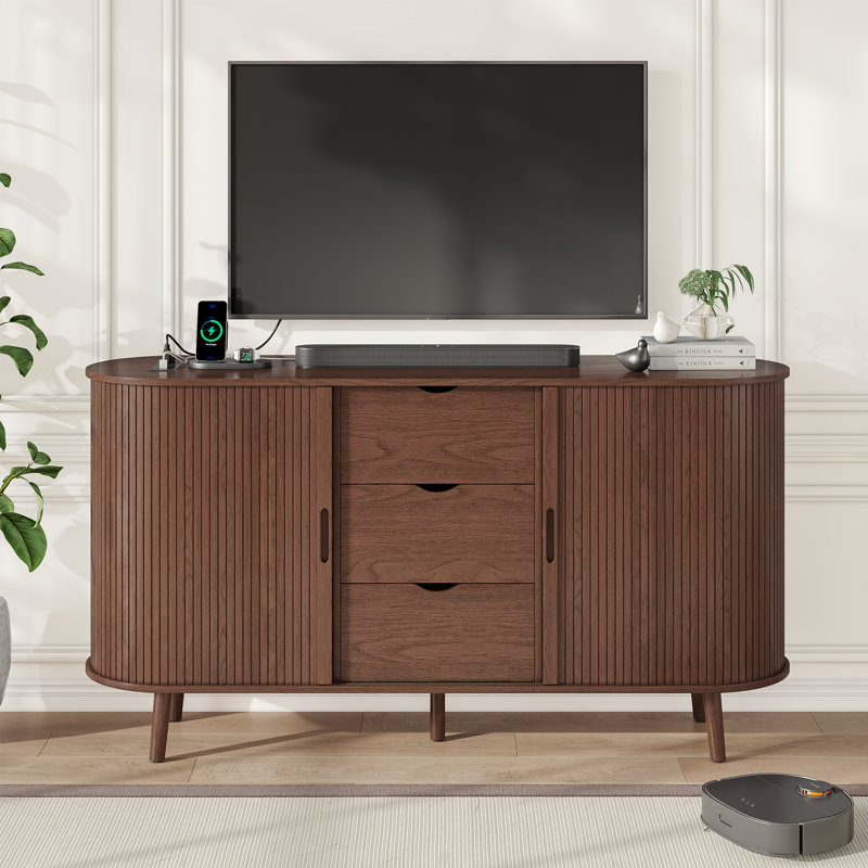 59" Sideboard Storage Cabinet With Power Outlet  And Tambour Sliding Doors, Mid Century Modern Buffet Cabinet With Drawers And Shelves, Fluted Storage Cabinet For Dining Room, Hallway, Living Room, Walnut Tall TV Stand