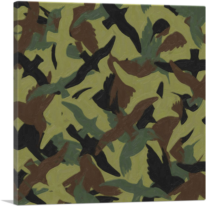 «Army Green», brun, noir, camouflage, motif d'oiseaux camouflage - reproduction d'art sur toile tendue