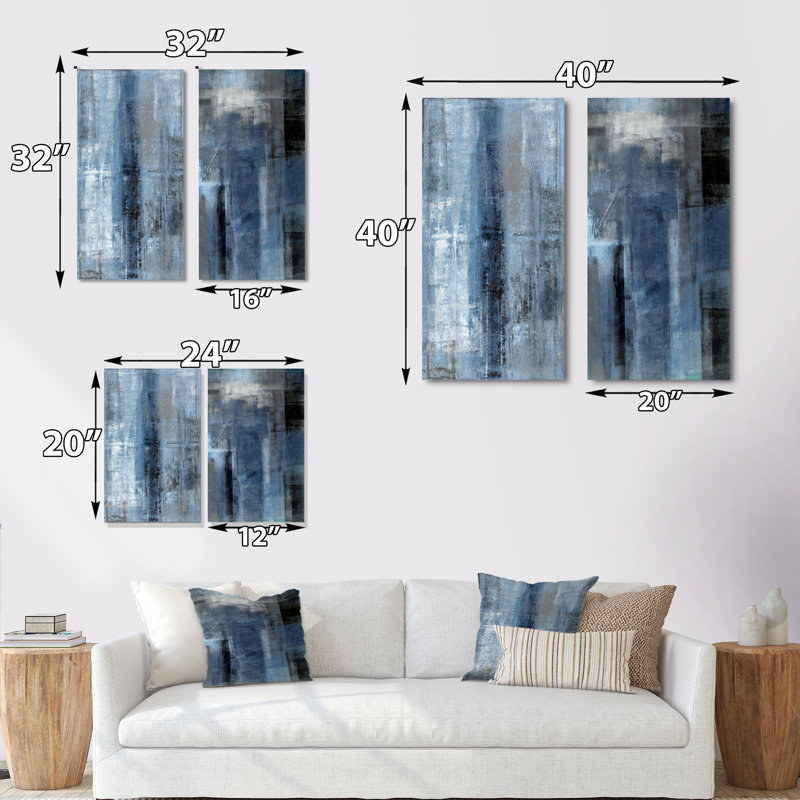 Art mural abstrait bleu gris, ensemble de 2 toiles - Le bleu rencontre l'art abstrait gris, H 40 po x l 40 po, Toile tendue