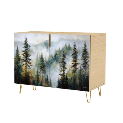 Sideboard Buffet Cabinet with Storage Serene Mountain Cabin Canvas Art with 2 Doors for Living Room and Kitchen