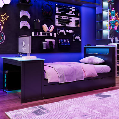 Platform Bed With Desk & App-Controlled RGB Headboard, Space-Saving, Twin Trundle, Bold & Eclectic Modern, Bedroom