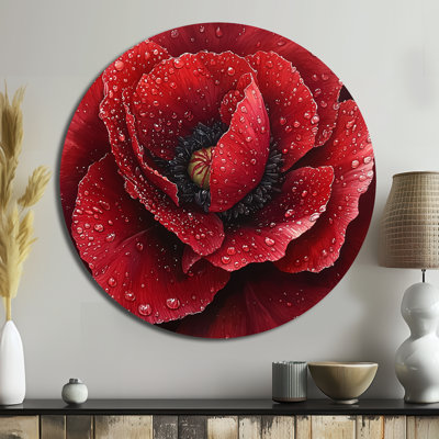 «Raindrop Red Peony In Winter I», reproduction d'art métallique traditionnelle rouge, coquelicots ronds, art mural en métal