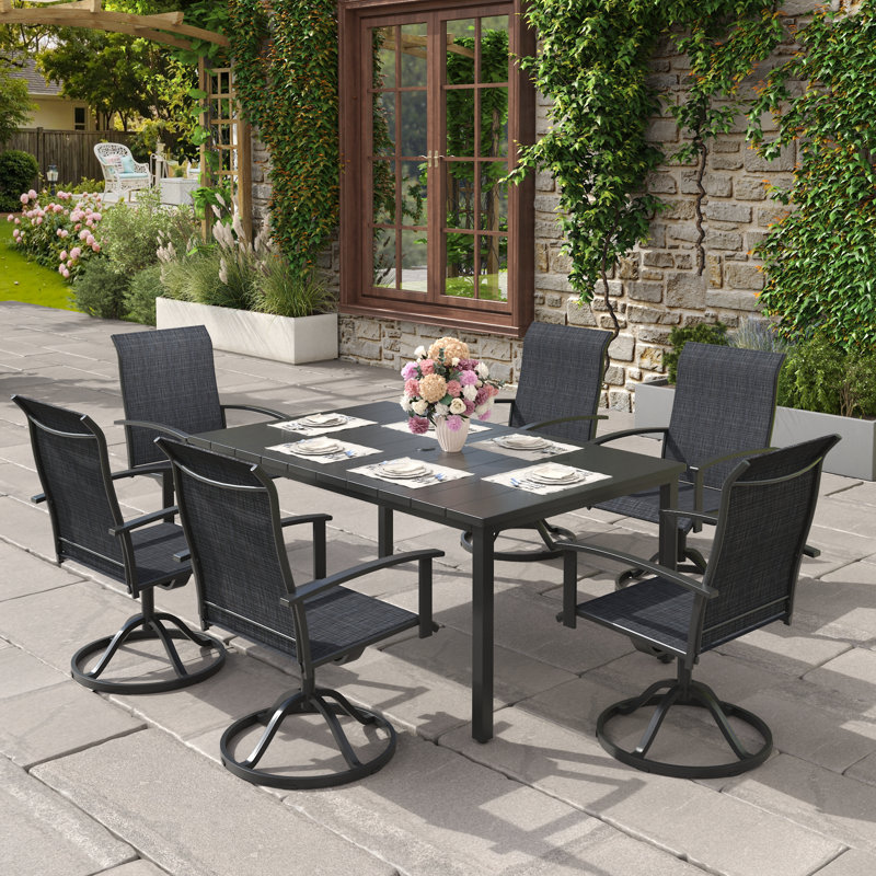 6-Person Outdoor Rectangular Patio Dining Set With Swivel Armchairs, Black