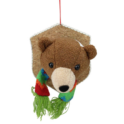 5" Brown and Green Stuffed Bear Head Christmas Ornament