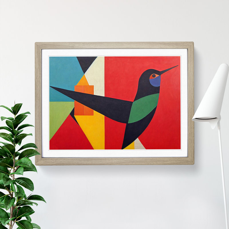 Hummingbird In Abstract Vol.2 - Single Picture Frame Print, 46cm H x 64cm W x 2cm D, Oak