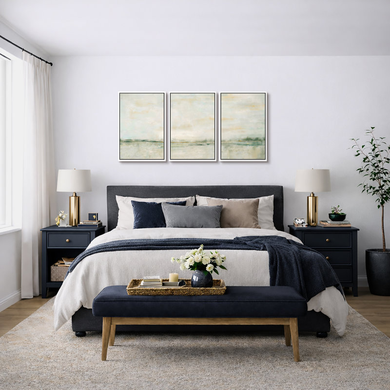 Minimal Landscape "Pastel Green & Yellow Artwork, Abstract Minimalist Illusion Living Room Wall Pictures, 3 Pieces Framed Canvas Giclee Print Wall Art" 16"x24"x3 pcs, 24"x36"x3 pcs