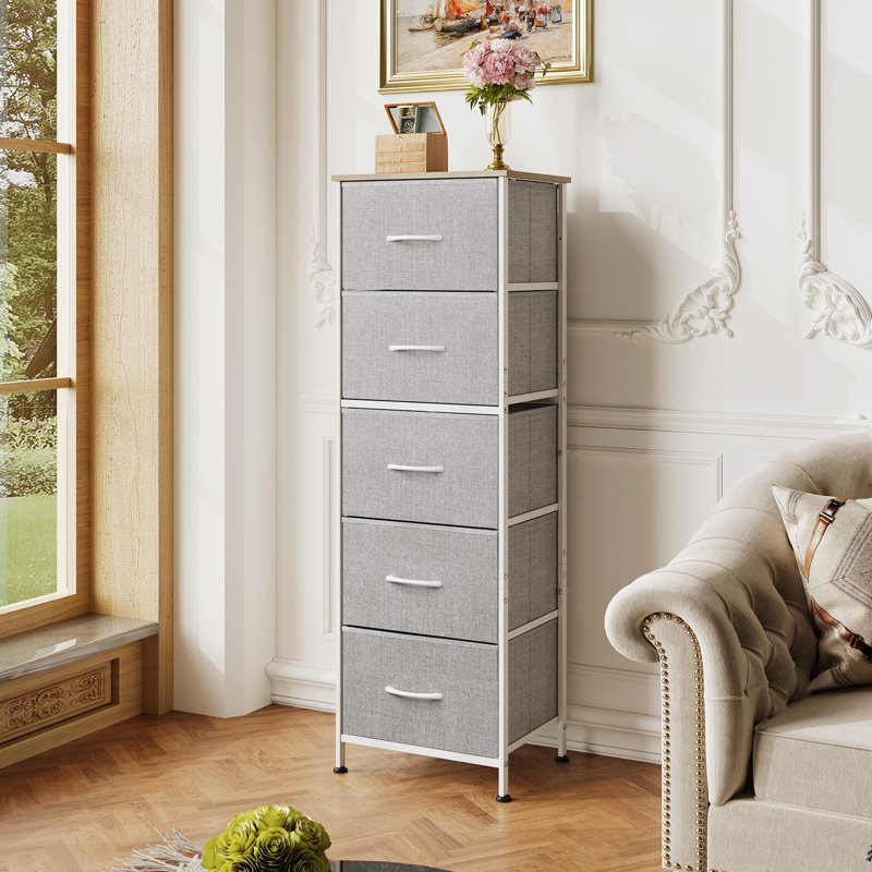 Fabric Dresser, 5-Drawer Tall Dresser for Bedroom, Storage Dresser Organizer with Fabric Bins, Wood Top, Sturdy Steel Frame, Chest of Drawers for Closet, Hallway