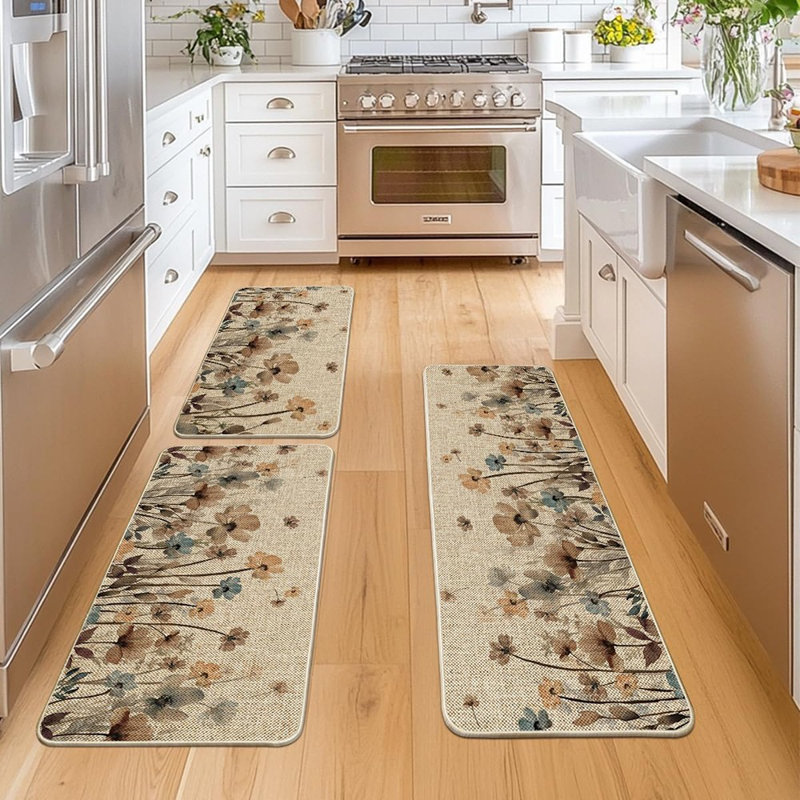 Tapis de cuisine - brun, feuilles à motif floral coquelicot, tapis de printemps, ensemble de 3