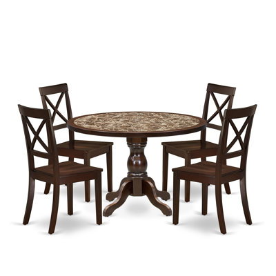 5-Pc Kitchen Dining Table Set Include a Dining Table with Rippled Sand Marble Pattern Tabletop and 4 Wooden Chairs, Mahogany