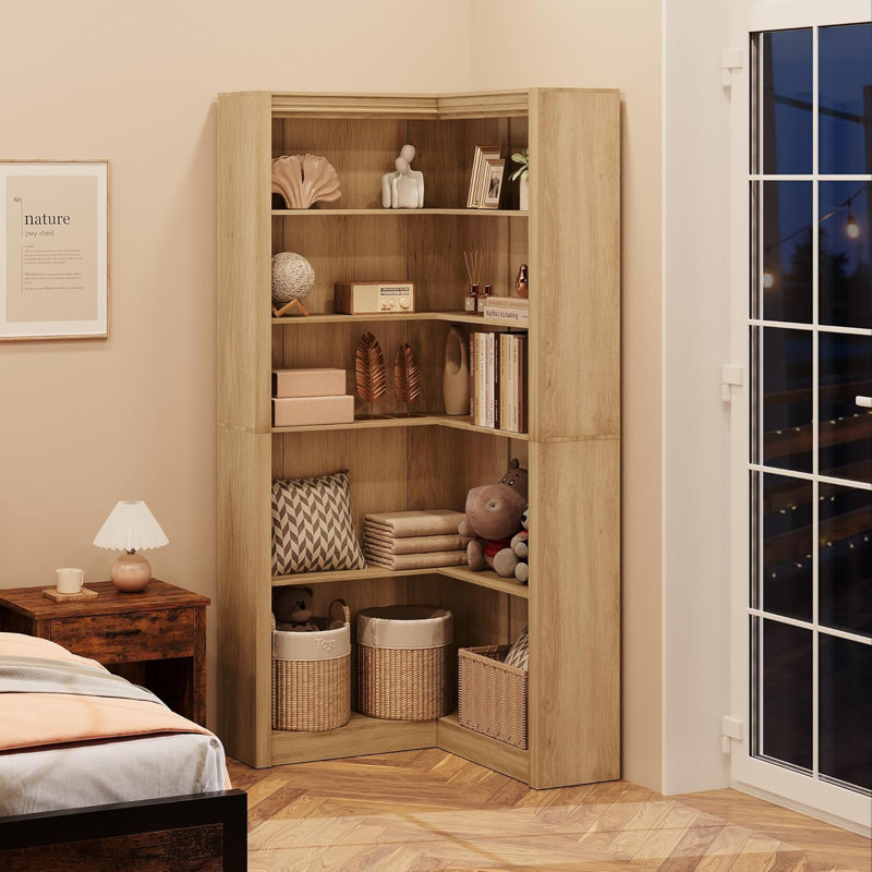 71.8'' Farmhouse Corner Bookcase, 5 - Tier Tall Bookcase, L-Shaped Corner Shelf, Beige