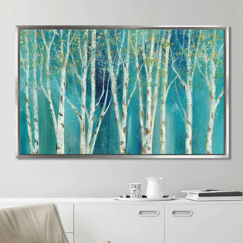 «Birch», reproduction de peinture acrylique, H 27,5 po x l 43,5 po x P 2 po, Cadre flottant argent