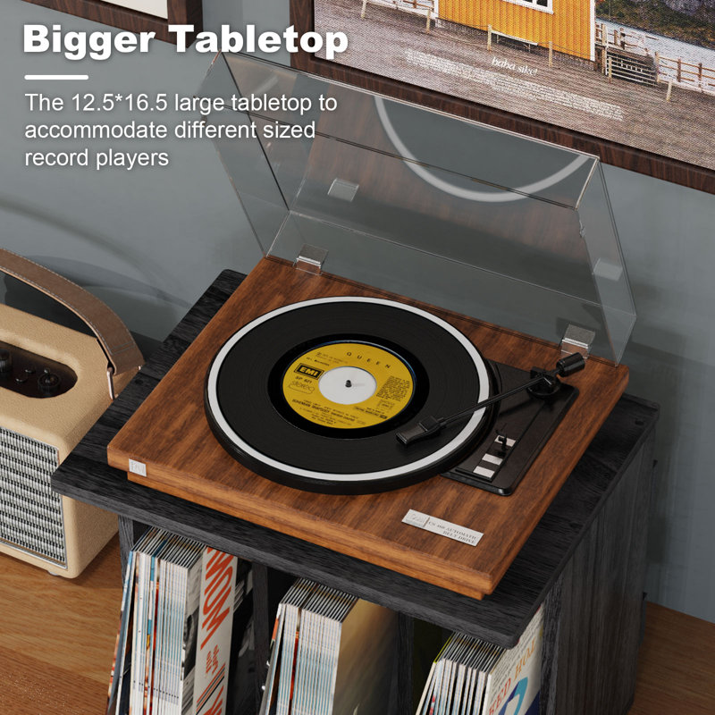 Record Player Stand, 3-compartment Record Holder With Vinyl Storage, Up To 80-100 Albums, Black, Black