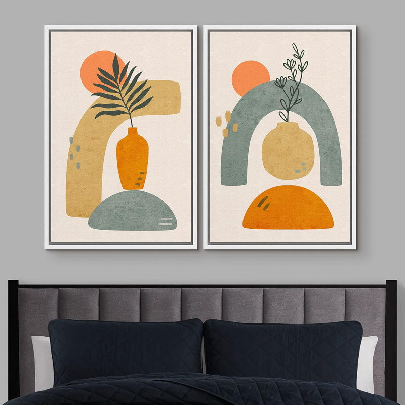 Style Mid-Century, feuilles de forêt dans des vases orange, illustrations abstraites géométriques, minimaliste moderne, Blanc