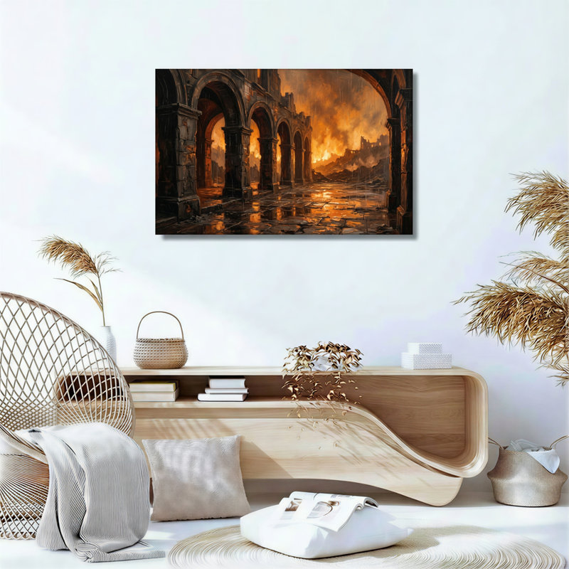 Ensemble de 1 tableau sur toile « Ruines enflammées », 36"H x 48"W, Toile tendue