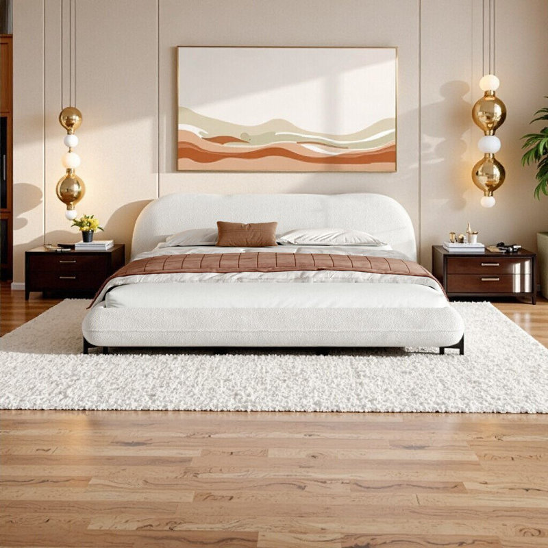 Élégante structure de lit très grand en tissu Boucle avec tête courbée et tête de lit moelleuse - blanc, Très grand lit