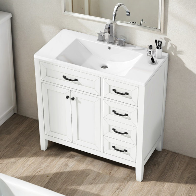 Asherah 36'' Free Standing Bathroom Vanity Cabinet with Ceramic Top, White