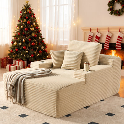 Dual Cup Holder Corduroy Lazy Sofa - Plush Stain-resistant Oversized Chaise Lounge With Pillow, Comfy Single Couch For Living Room