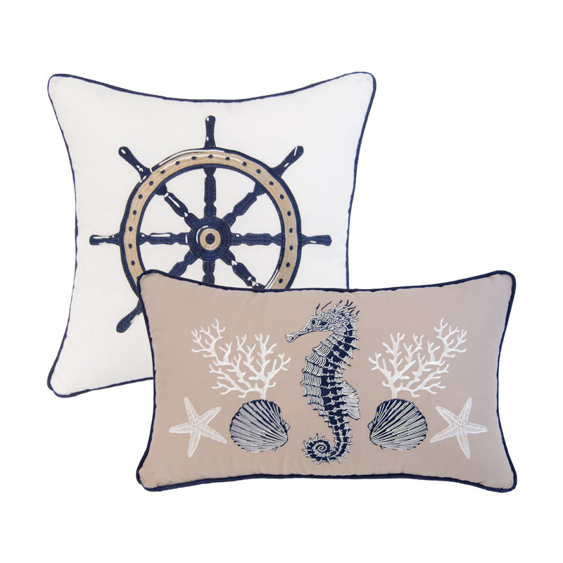 Donna Sharp Checkerboard Indigo Embroidered Nautical 2PC Pillow Set, Nautical, Tan/Navy