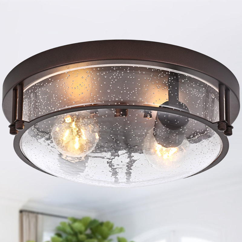 Plafonnier encastré 2 lumières 12 po, verre bullé et boîtier en métal bronze huilé 12 po