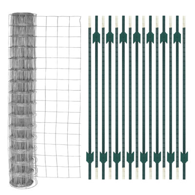 15 Pack 7FT T-Posts Set with 16 Gauge Galvanized Welded Fencing Wire Roll, No Dig Heavy Duty Metal Fence Post Kit for Farm, Garden, Orchard, Outdoor Use