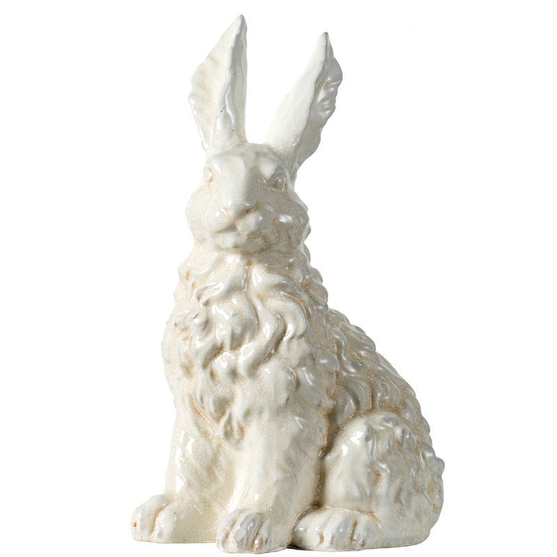 Figurine de lapin en céramique blanche 18 po avec texture bouclée et glacis craquelé, sculpture décorative de lapin Angora pour manteau de cheminée, table ou bibliothèque