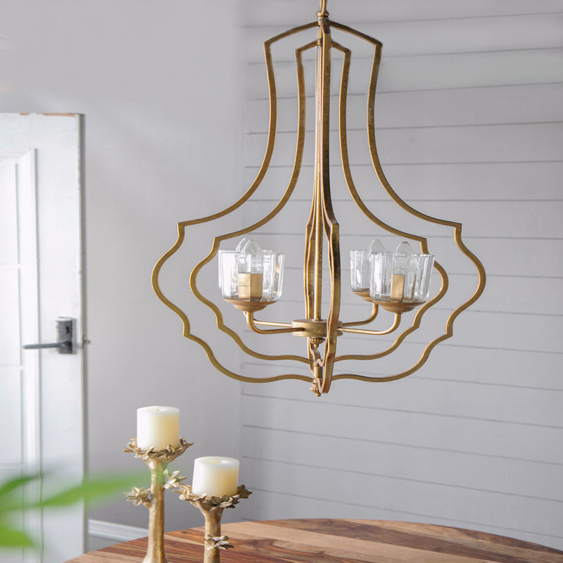 4-Light Gold Open Frame Chandelier with Glass Shades, Adjustable Chain for Dining & Foyer