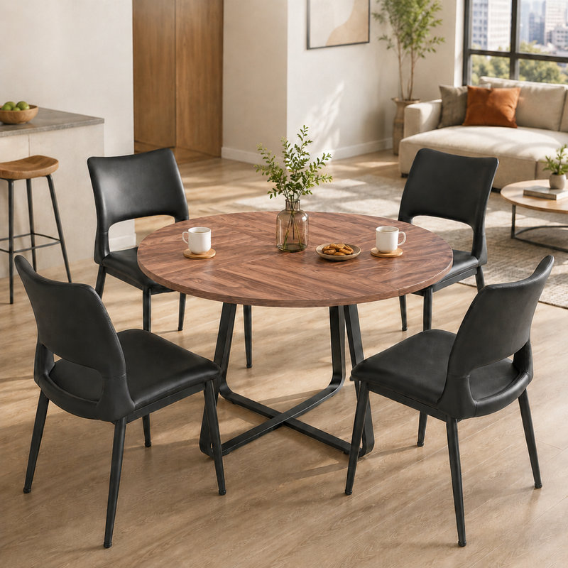 Table de salle à manger couleur noyer de 110 cm (43,3 pouces) avec croix en métal noir, 110 x 110 x 75,5 cm (43,31 x 43,31 x 29,72 pouces), métal, ensemble de 5, ensemble de table de salle à manger, noir