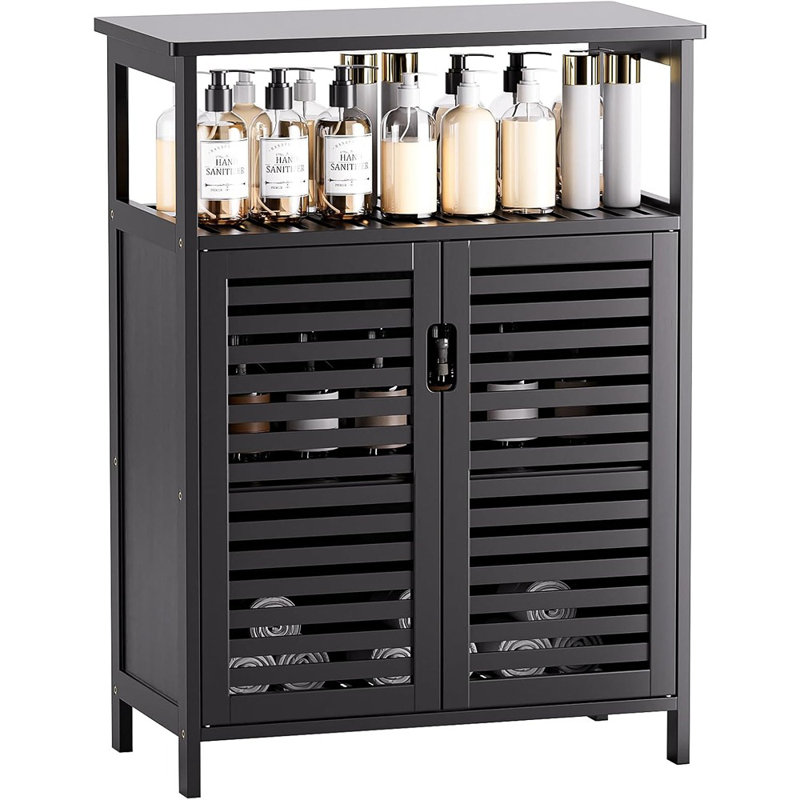 Armoire de cuisine noire à 4 niveaux avec armoire de rangement autoportante en bambou avec porte et tablettes