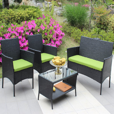 4 PC Rattan Patio Furniture Set Outdoor Patio Cushioned Seat Wicker Sofa (Green Cushion)