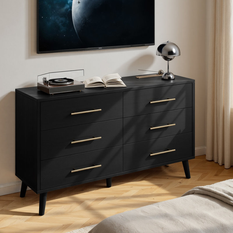 Commode double 47,5 po à 6 tiroirs avec poignées en métal, Noir
