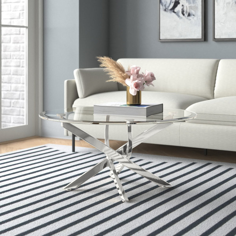 Ayala 35.43" Round Coffee Table with Glass Top, Silver