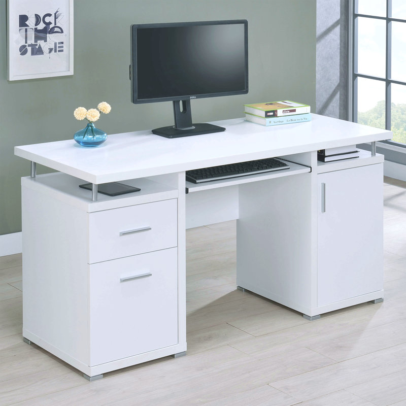 Armoire blanche de bureau d'ordinateur à 2 tiroirs 1 tiroir moderne 55 pouces avec tablette réglable et plateau à clavier coulissant avec quincaillerie à finition argentée