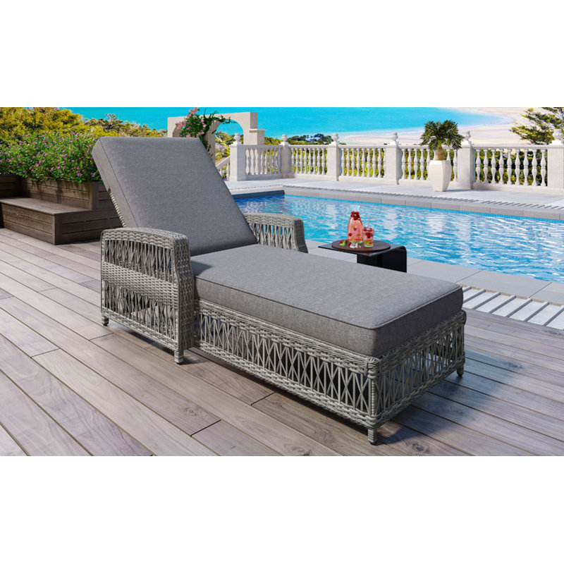 Outdoor Long Reclining Chaise, Wicker Lounge With Armrests, Patio Adjustable Recliner With Soft Removable Cushions, All Weather Rattan Pool Lounge For Poolside & Garden, Beige