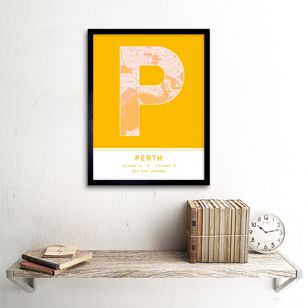 Perth Australia City Map Yellow - Single Picture Frame Typography