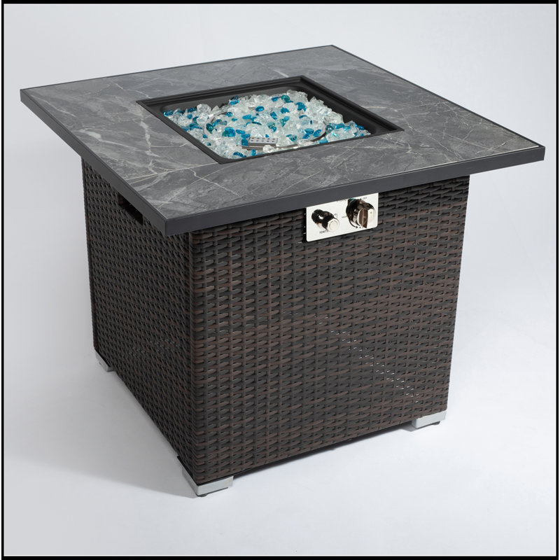 Table de foyer au gaz propane 30 po, foyer carré carré de 50 000 BTU, plateau de table en carrelage avec une belle base en osier pour la terrasse extérieure du jardin - brun