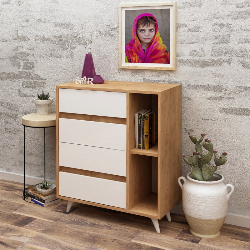 Modern Scandinavian Dresser, Oak & White, 27.6 x 33.9 x 15.7 inches | 100% Melamine Coated Particle Board, Thickness: 0.7 inches | 2 Drawers & Numerous Shelves | Wall-Mountable Design, Perfect for Stylish Storage Solutions