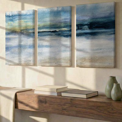 3 Pieces Exculisive Blue Gray and Beige Coastal Large Wall Art Abstract Ocean Landscape Panoramic, Canvas Decor for Living Room, Bedroom and Office