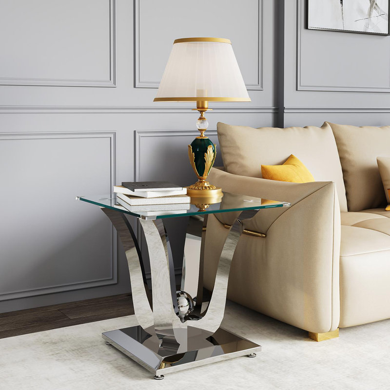 Table de bout en verre avec base en acier inoxydable à finition miroir, Argent argent
