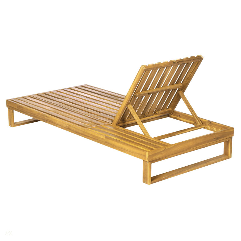 Chaise longue en bois d'acacia à finition teck avec ensemble de coussins beige 4 plis 4 po, chaise longue d'extérieur réglable avec surface latérale plate, pour bord de piscine