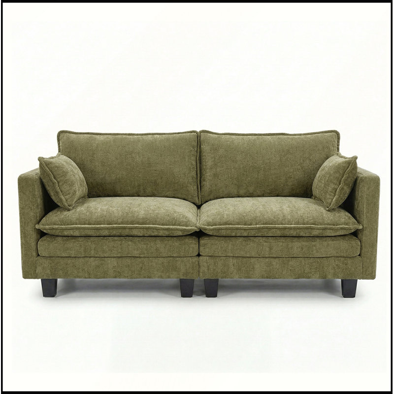 Canapé-lit moderne en chenille vert moderne, canapé compact à 2 places avec deux ports de chargement USB et poches latérales, idéal pour les petits espaces