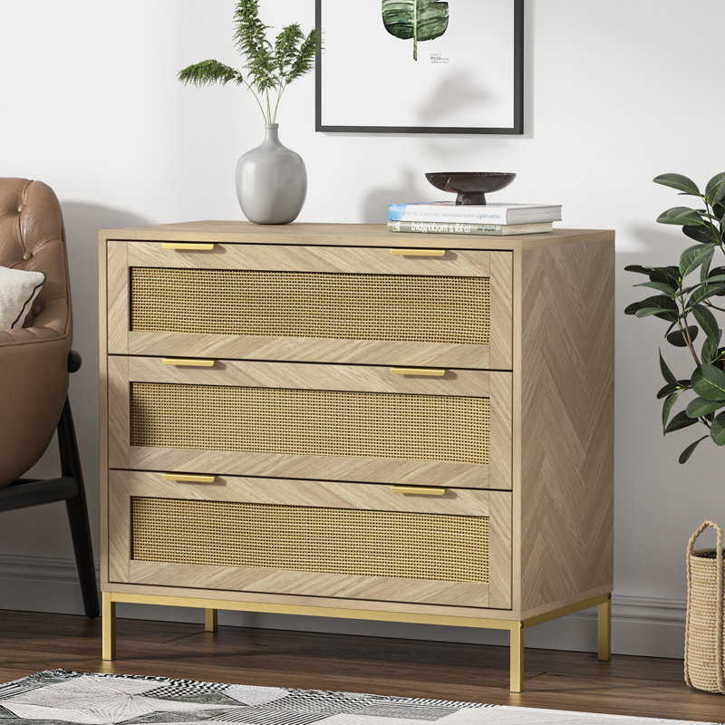 Commode d'appoint 3 tiroirs en rotin avec poignées en métal