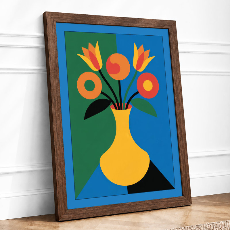 Geometric Floral Vase Mid-Century - Framed Print, A4 - 29.7 x 21.0 cm, Walnut