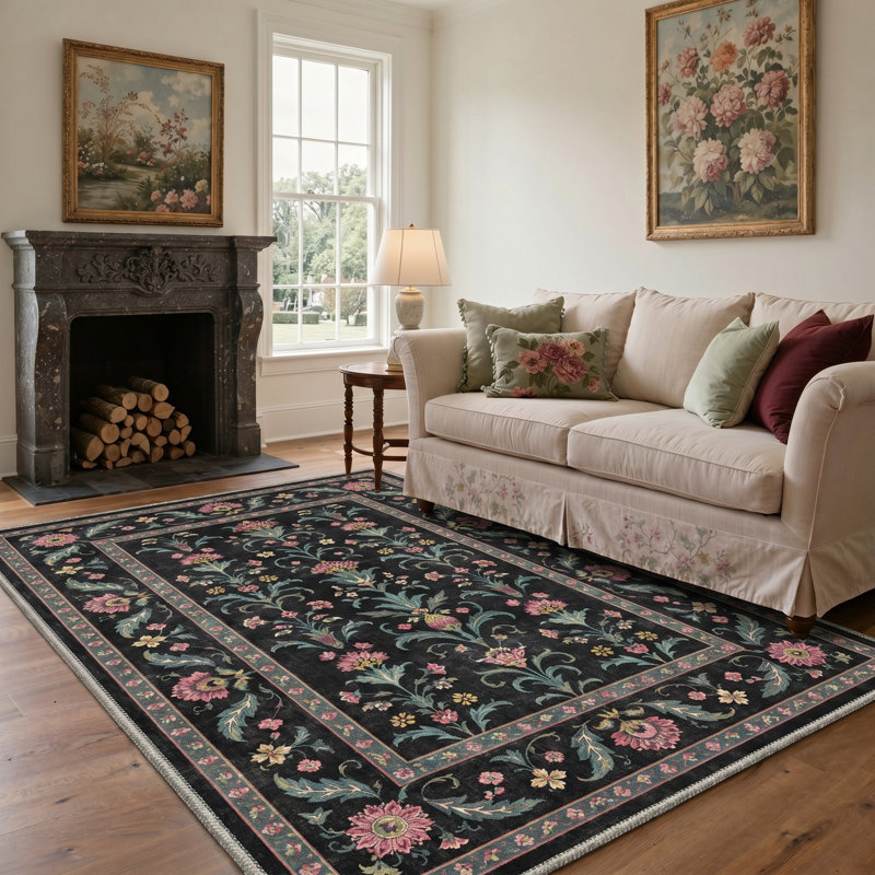 Tapis floral noir / rose lavable à la machine avec envers antidérapant, Rectangle 9 pi x 12 pi