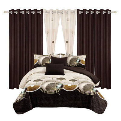 9-piece All-season Washed Microfiber Bedding Set king, Includes Bedspread, Pillowcases, Printed Curtains & Solid Curtains, Moisture-wicking Soft Cooling Fabric, Easy Care