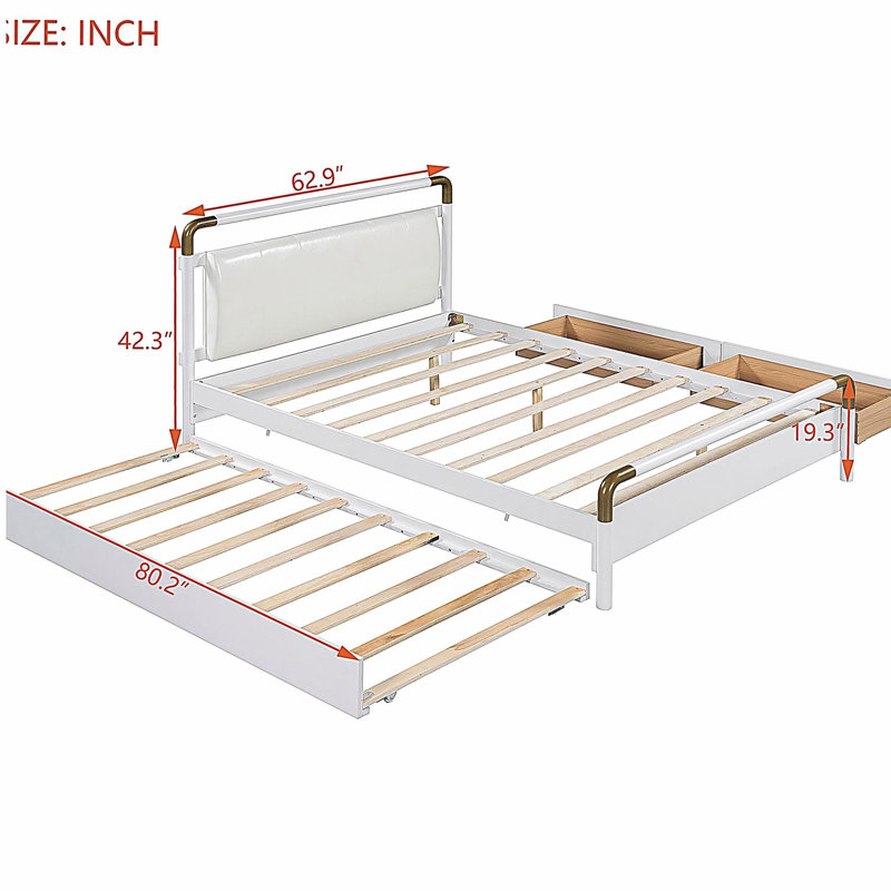 Grand lit plateforme en bois avec 2 grands tiroirs et un tiroir de taille T-XL