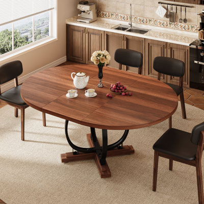59" Extendable Round Dining Table for 4-6 with Sturdy X-Base, Walnut