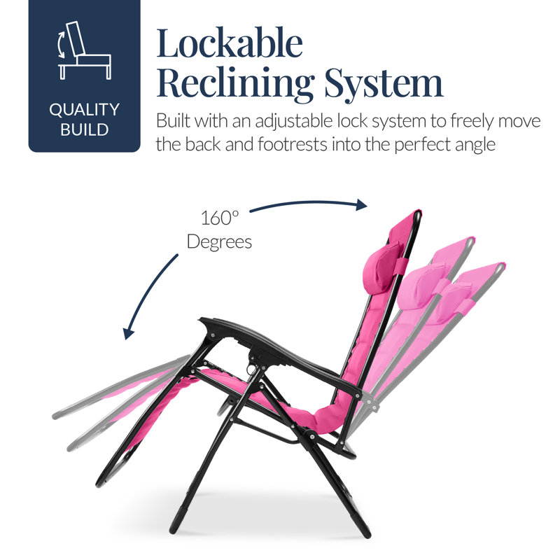  Oversized Padded Zero Gravity Chair, Folding Outdoor Patio Recliner W/ Side Tray - Hot Pink, Hot Pink